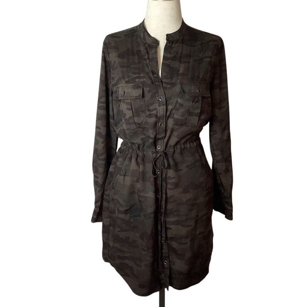 Anthropologie Cloth & Stone Dark Camouflage Shirt Dress Large Long Sleeve Button